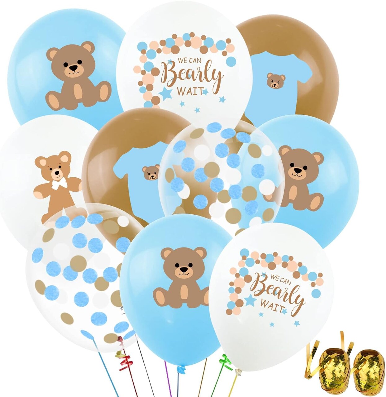 45Pcs Blue Bear Baby Shower Party Balloons, 12" Latex Printed We Can Bearly Wait Brown Creamy Bear Balloon Decor for It's A Boy Gender Reveal Kid Birthday Wedding Photo Prop Party Decorations Supplies